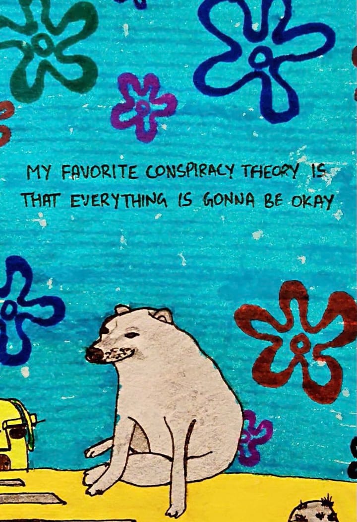 A cartoon tan dog sitting. There is a teal background with 70's like flowers and a hello table. A robot just seen on lower left.